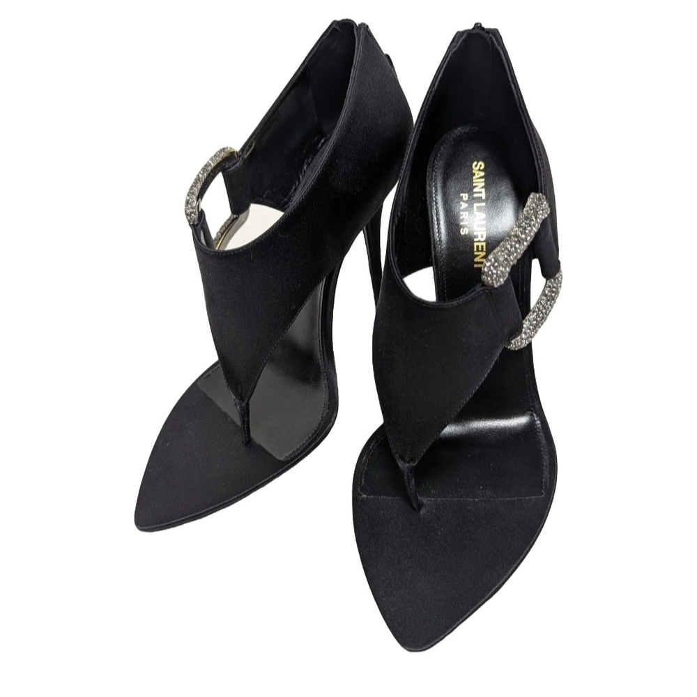 Saint Laurent Black Satin Crystal-Buckle Thong Pumps